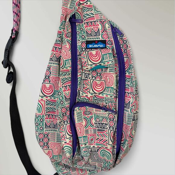 Kavu Rope Sling Rope Bag Backpack Blue White Aztec Southwestern Boho Crossbody - Picture 2 of 3